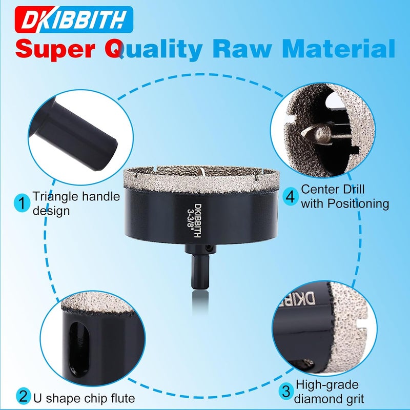 DKIBBITH 3-3/8" Diamond Hole-Saw Bits with Pilot Drill Bit - 3-3/8" Diamond Tipped Tile Hole Saws with Guiding Bit for Porcelain Tile Ceramic Pottery Granite Stone Glass Bottles 85mm. - Image 5